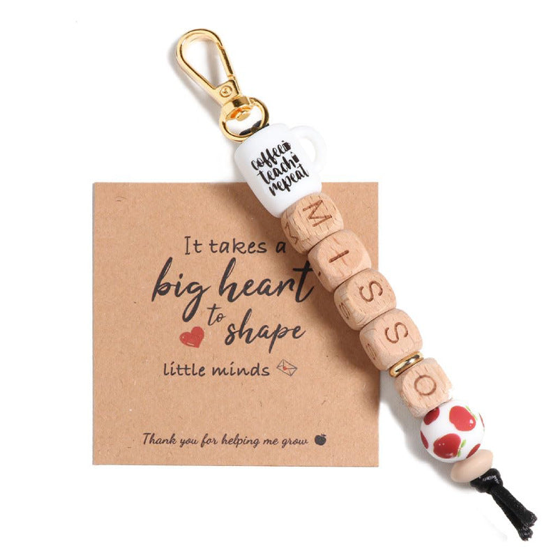 Teacher Appreciation Water Bottle Pendant Thank You Teacher Apple Ornament MISS Letter Square Wooden Bead Keychain Jewelry Accessories