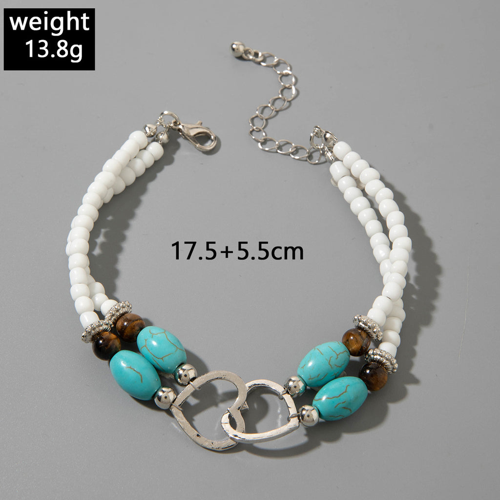 Wholesale Bohemian Vacation Style Rice Bead Turquoise Jewelry Set Metal Heart Jewelry