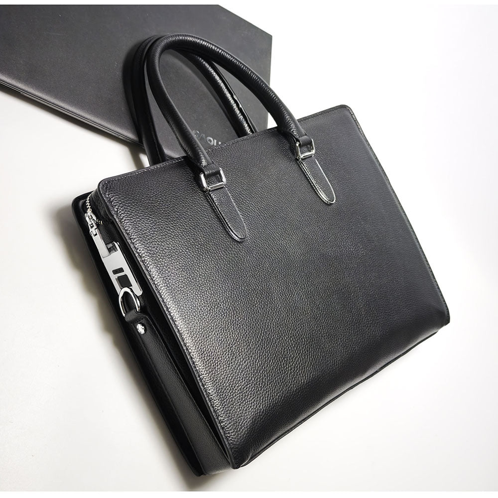 Business Trip Fingerprint Lock Handbag Men's Top Layer Cowhide Large Capacity High-end Feel Men's Business Commuting Genuine Leather Briefcase