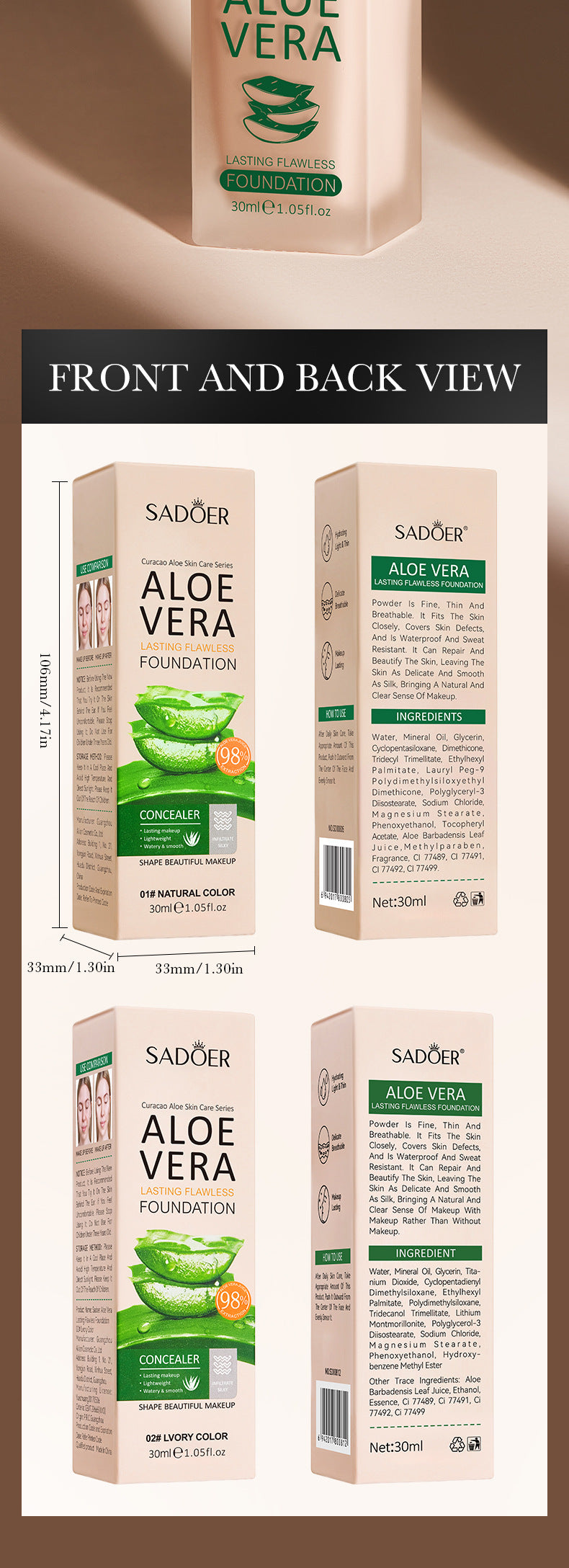 Full English Makeup SADOER Aloe Vera Foundation Liquid Long-lasting Clear Concealer Non-cakey  Wholesale