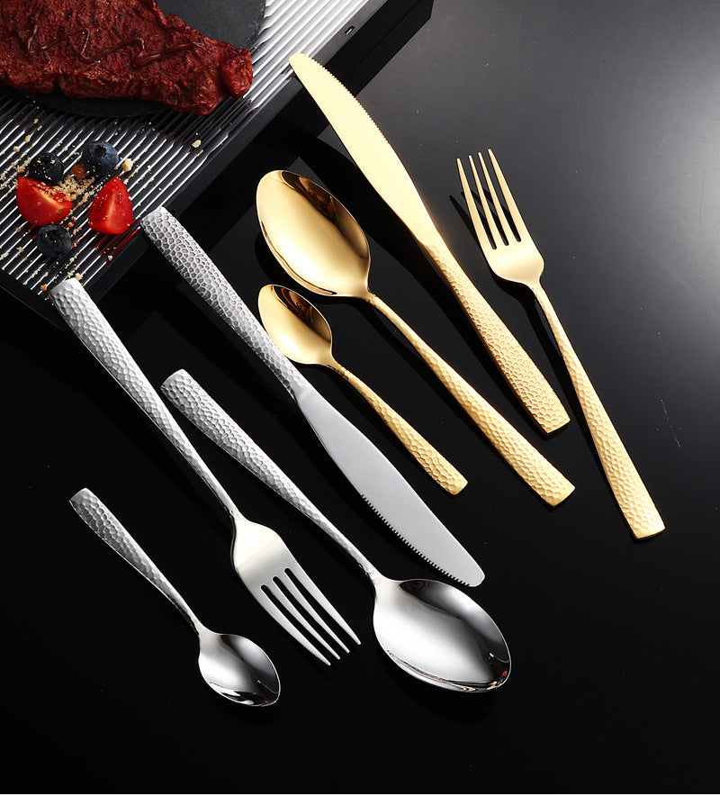 410Stainless Steel Cutlery Restaurant Western Hammered Square Handle Knife Fork Spoon Set Hotel Home Steak Knife Fork