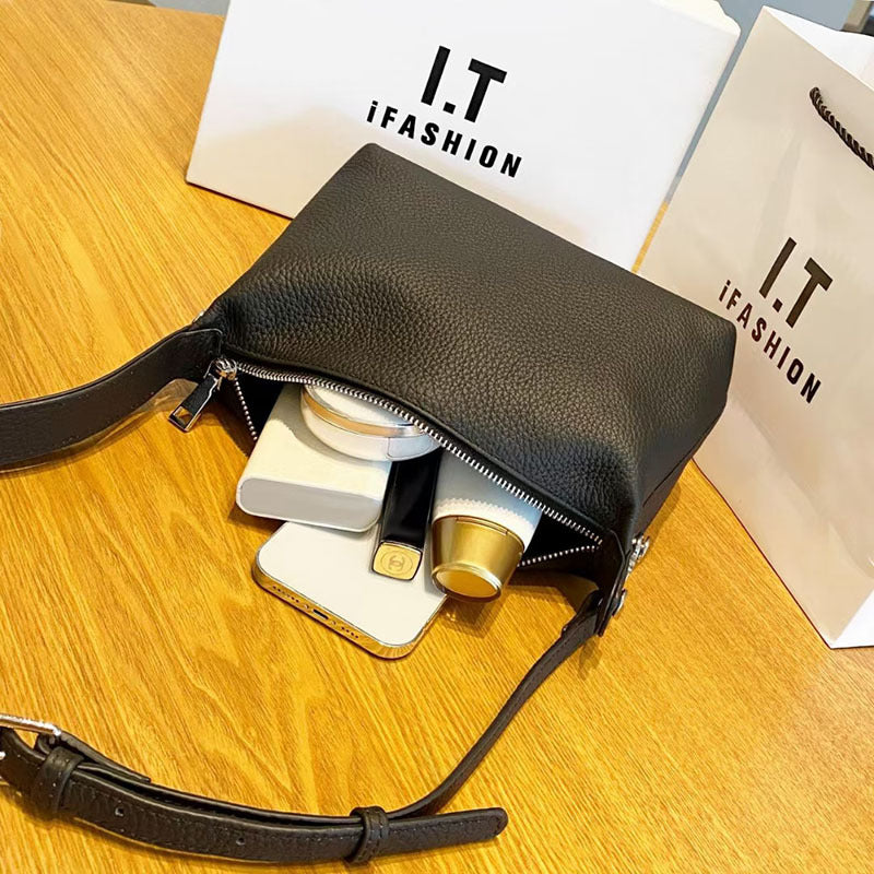 Women's Genuine Leather Bag2025New Style Lunch Box Bento Boston Bag Top Layer Cowhide Crossbody Niche Single Shoulder Crossbody