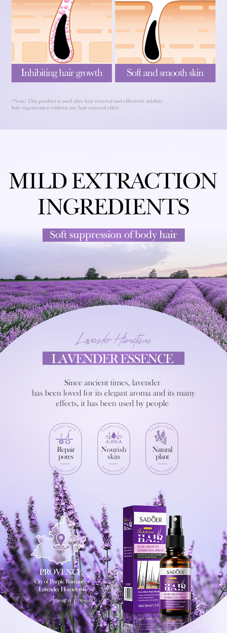 Full English Hair Growth Inhibitor Spray SADOER Inhibiting Underarm and Leg Hair Spray  Wholesale