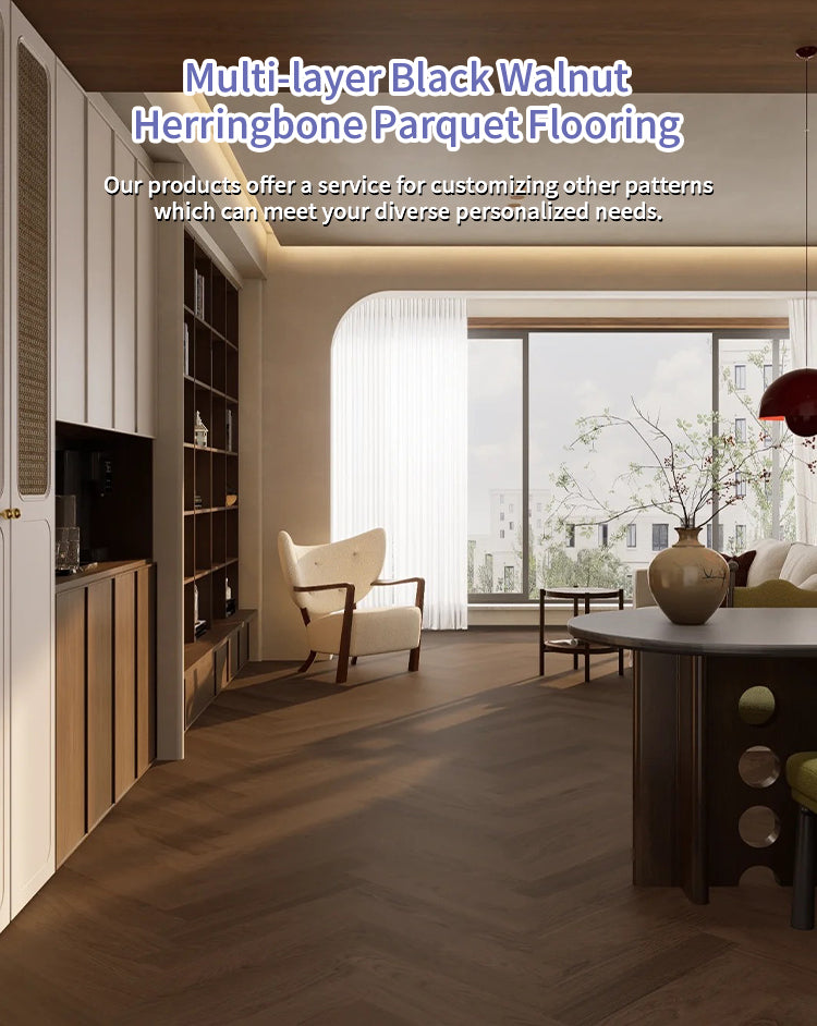Customizable 18mm Herringbone Black Walnut Engineered Flooring | Waterproof Luxury Outdoor & Villa Modern Interior Projects