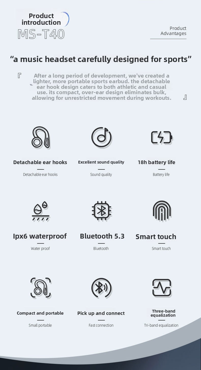 Factory Direct Touch-Control Ear-Hook Headphones Long Battery Life High-Quality Sound Wireless Bluetooth Headphones Support Customization