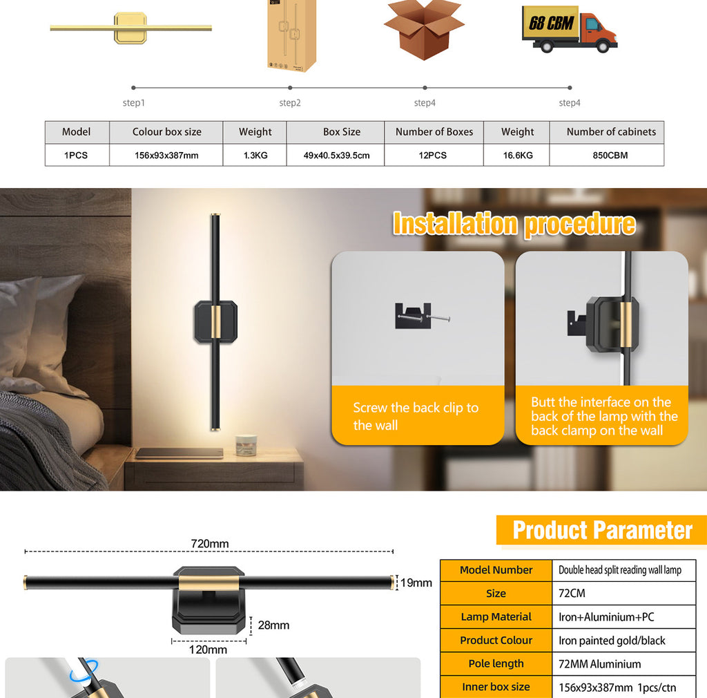 Dual-Head Detachable Wall Lamp No Wiring Required Wall Lamp Reading Wall Lamp Dimmable Wall Lamp Indoor Wall Lamp Magnetic Wall Lamp
