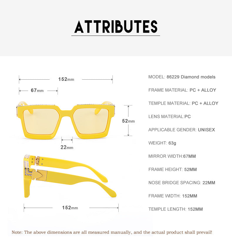 Diamond-Studded Large Square Frame Sunglasses for Women, European and American Style, 0k Influencer Same Style Sunglasses for Men, Trendy and High-End Feel shades