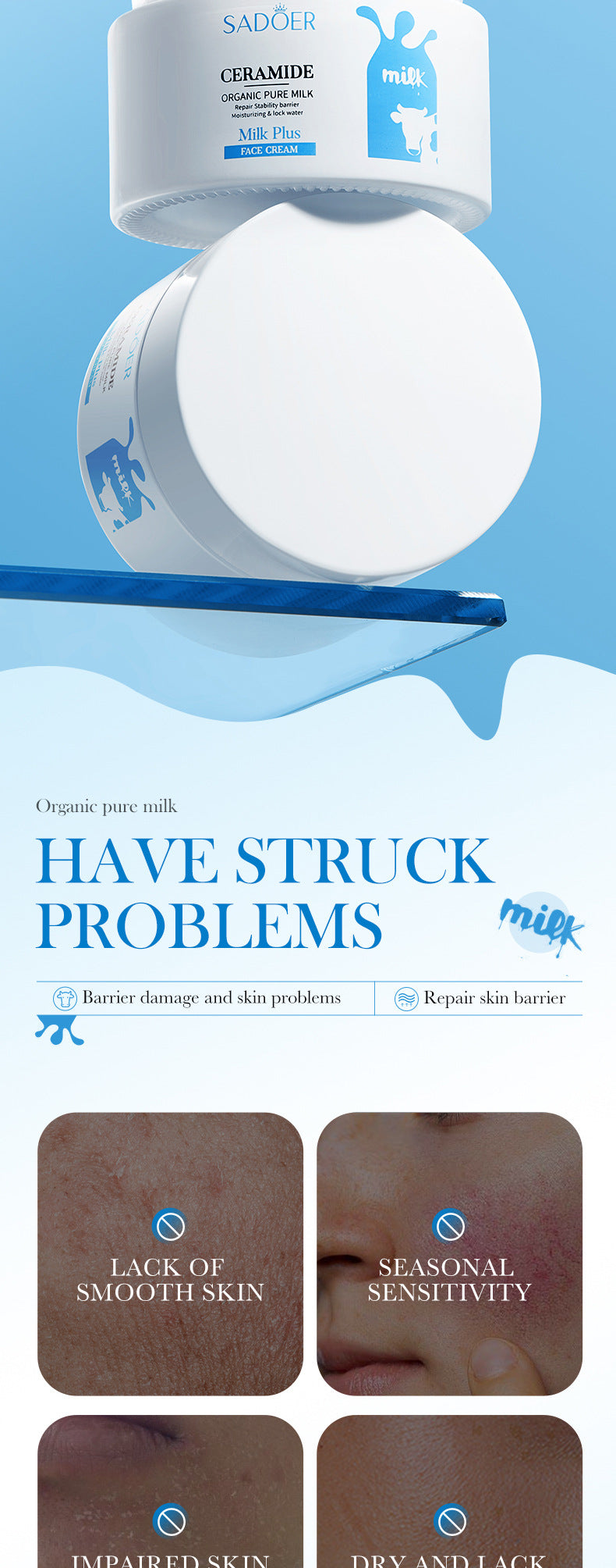 Milk Moisturizing Cream50g SADOER Ceramide Moisturizing and Rejuvenating Face Cream Cross-Border Wholesale