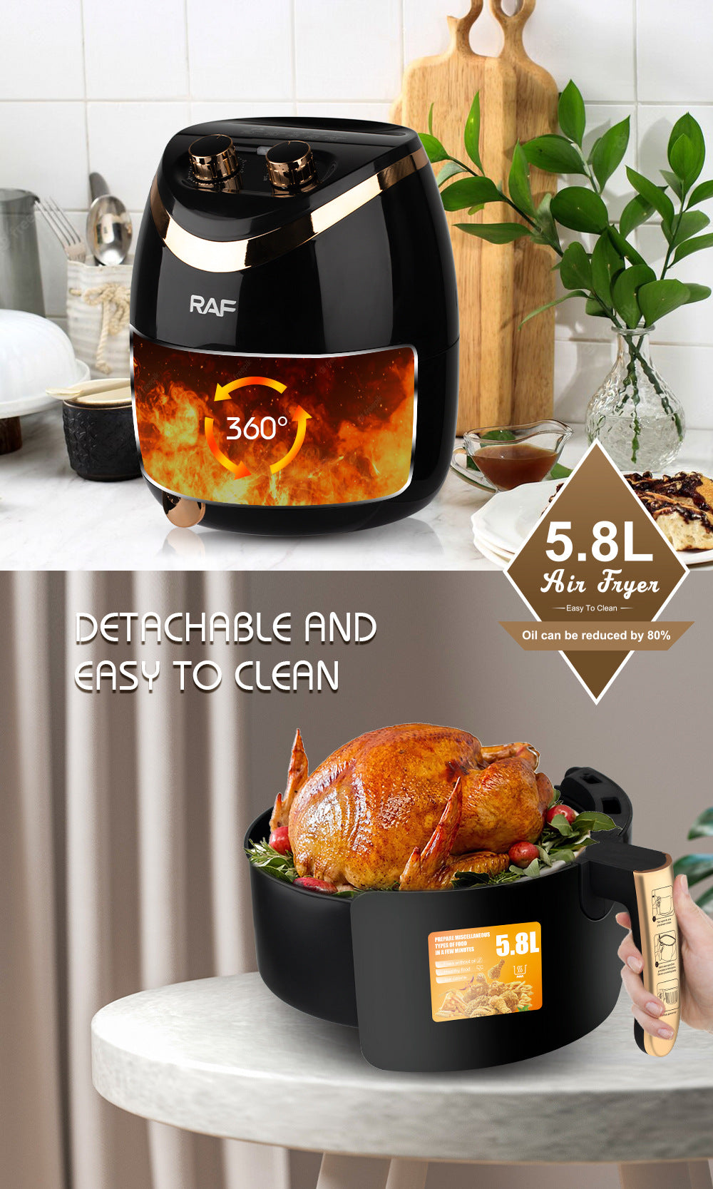 RAF US Standard Air Fryer Household Large Capacity Multifunctional Smart French Fries Fully Automatic Fryer 5.8L