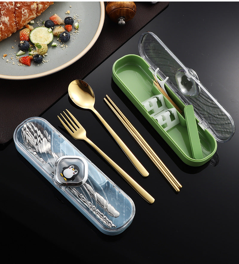 304Stainless Steel Tableware Student Cartoon Portable Tableware Set Work Outdoor Fork Spoon Chopsticks Three-piece Set