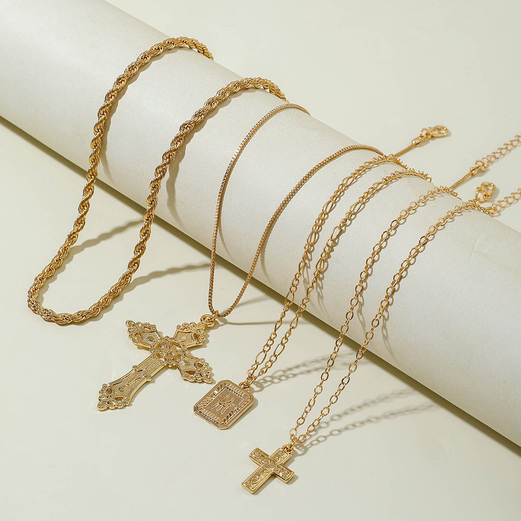 European and American Retro Hollow Diamond Cross Pendant Necklace Gothic Style Black Layered Wear Y Type Necklace