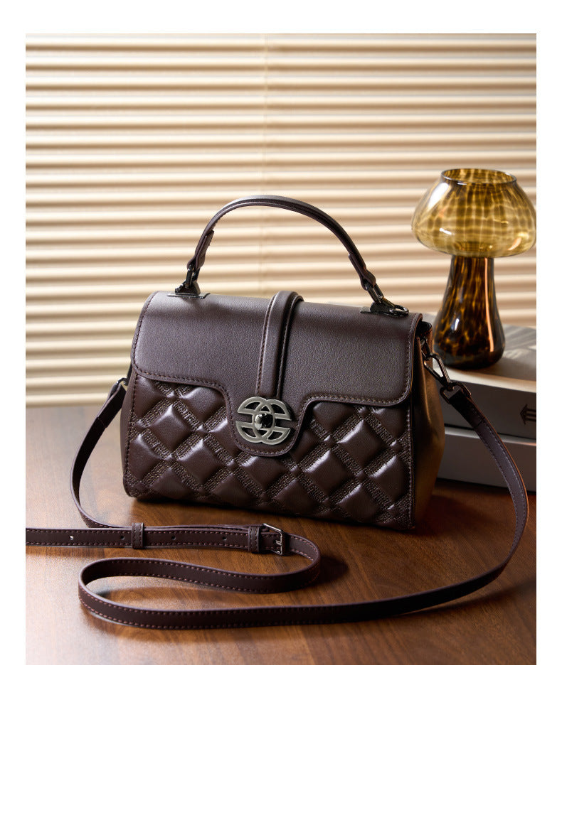 Lingge New Fashion Women's Bag Top Layer Cowhide Large Capacity Versatile Trendy Single Shoulder Crossbody Bag Genuine Leather Light Luxury Handbag