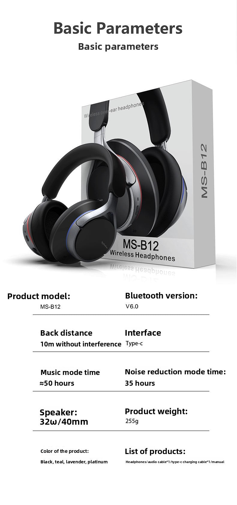 Private Model2025New heavy bass long battery life over-ear headphones ANC Noise-canceling Wireless Bluetooth Earbuds Patent B12