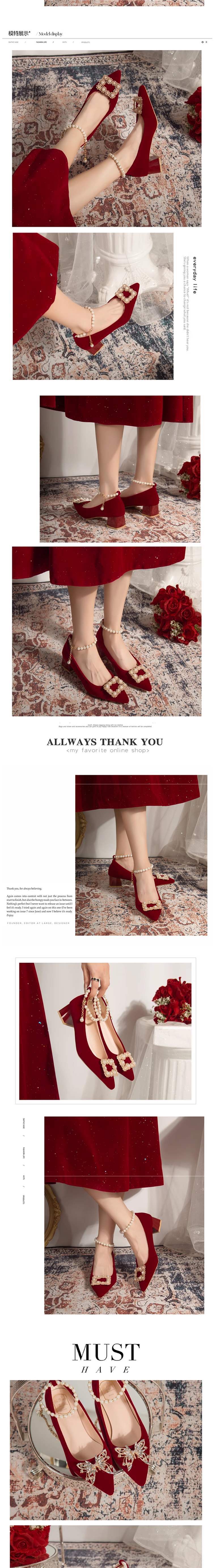 Pointed Elegant Burgundy High Heels2025New Year's New Socialite Bowknot Comfortable Bride Shoes Two-Way Wedding Shoes