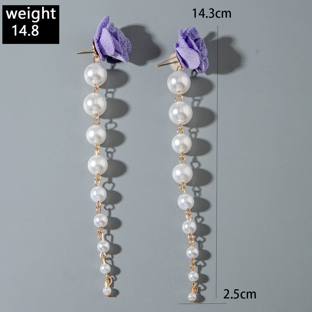 European and American Fresh Fabric Colorful Pearl Earrings Sweet Rice Bead Tassel Tulip Flower Earrings