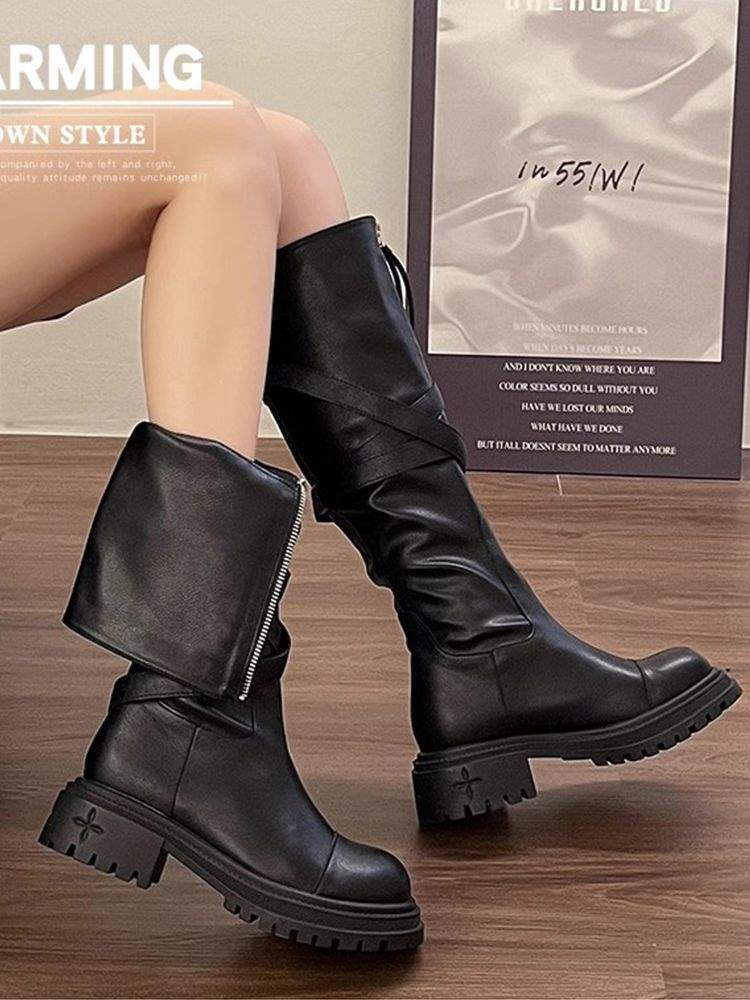 2025Spring and Autumn New Over-the-Knee Boots Women's Martin Boots Belt Buckle Thick-Soled Motorcycle Rider Boots High Tube Fashion Boots