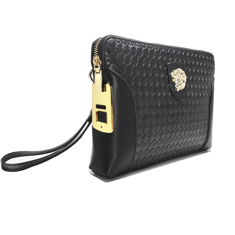 Fingerprint Lock Clutch Bag Large Capacity Business Men's Genuine Leather Handheld Luxury Woven Clutch Portable Fingerprint Unlock