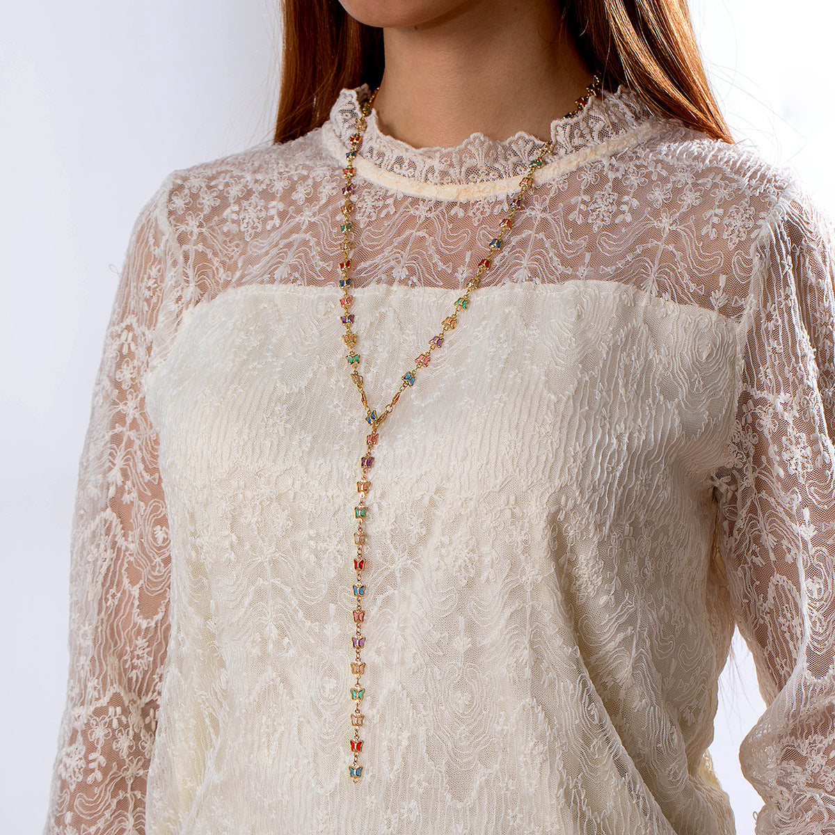 Simple Colorful Beaded Tassel y Chain Necklace Elegant Versatile Diamond-Studded Sweater Chain Jewelry