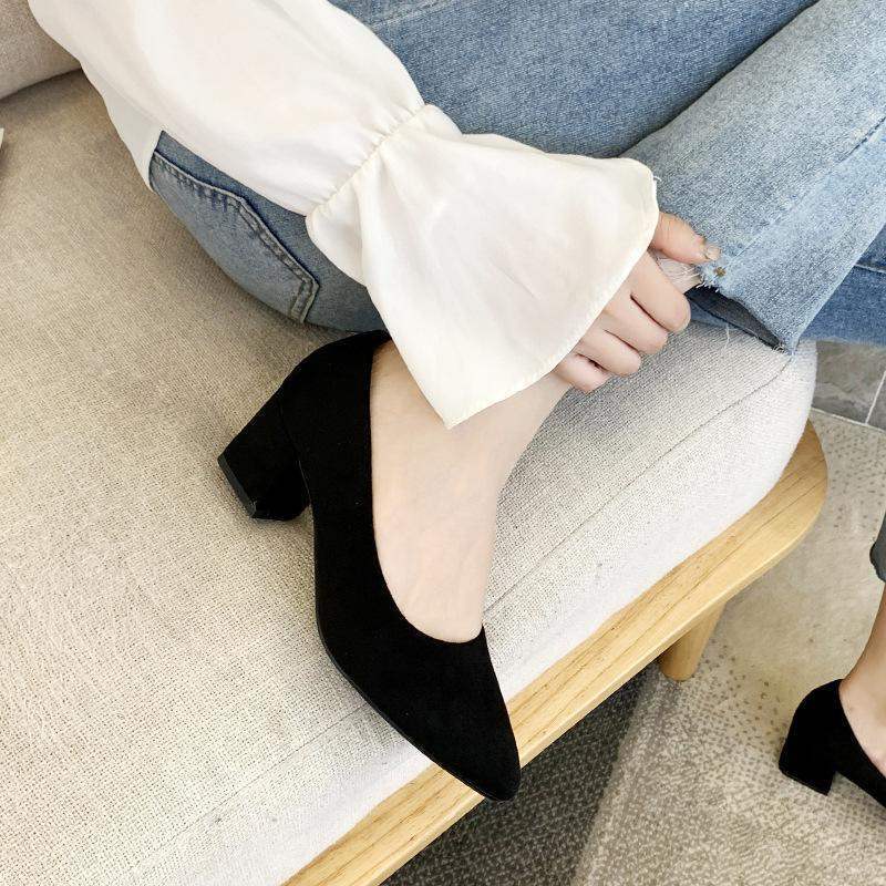Etiquette Black Large Size High Heels Shallow Mouth Pointed Toe Non-Chafing Single Shoes Women Chunky Heel Professional Versatile Mid-Heel Work Shoes