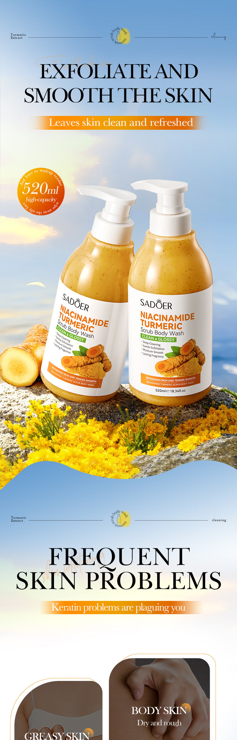 Turmeric Scrub Body Wash520ml  Niacinamide Cleansing Body Shower Gel Export Manufacturer Wholesale