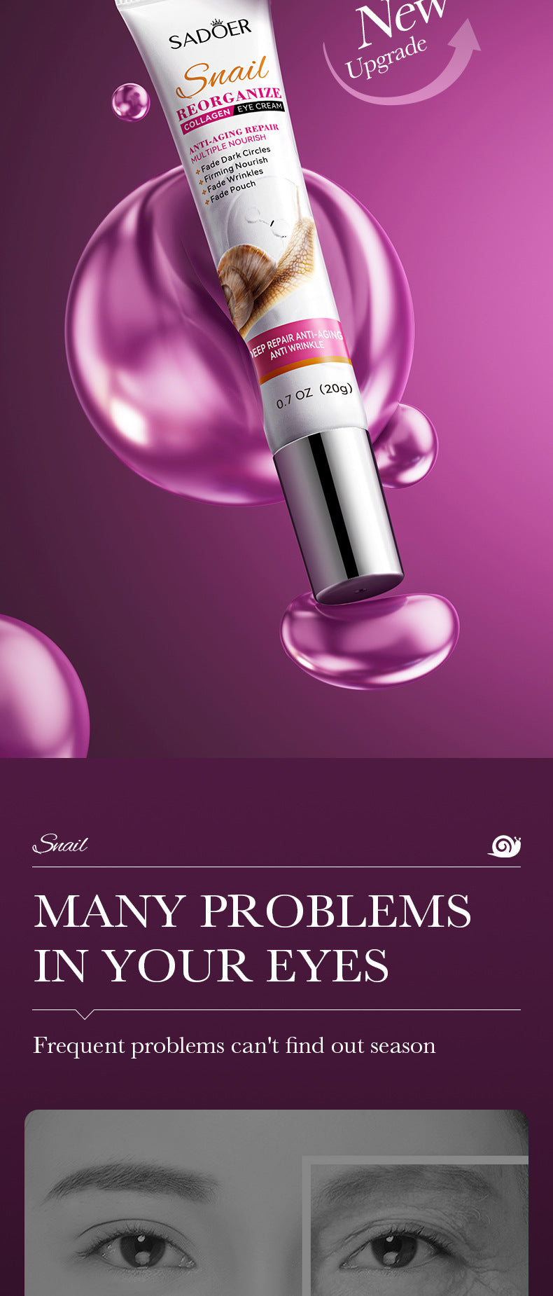 Snail Eye Cream20g SADOER Collagen improves dark circles and wrinkles cross-border wholesale