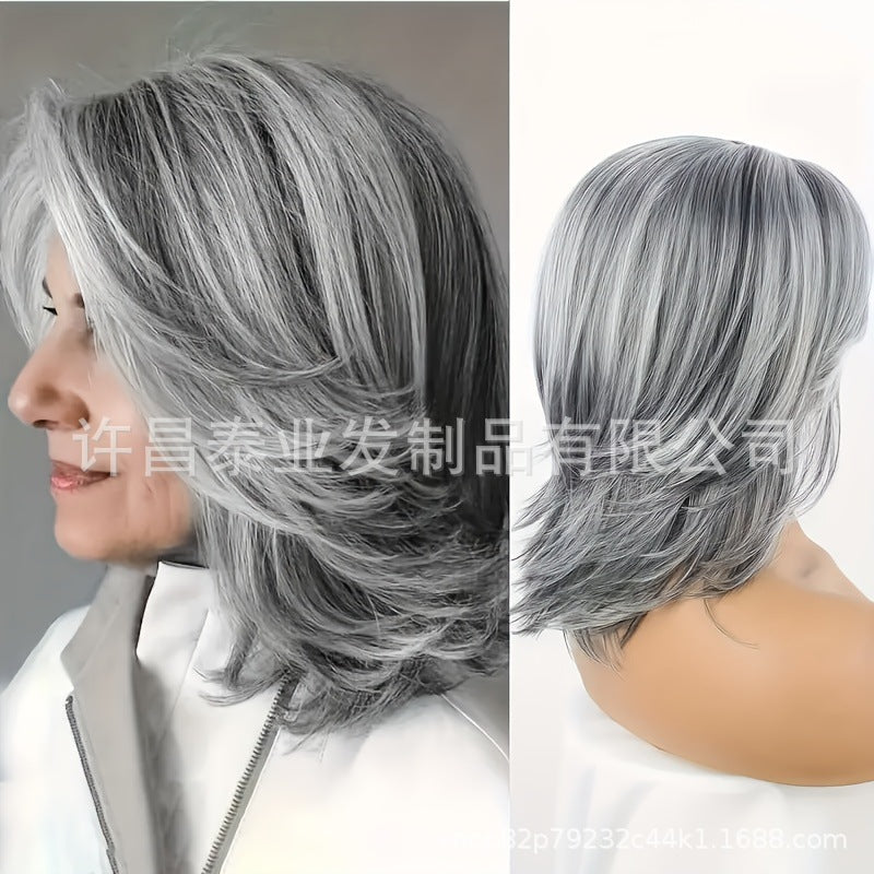 European and American Foreign Trade Cross-Border Wig for Women, Middle Part, Eight-Character Bangs, Middle-Aged and Elderly Fashion Short Straight Hair Full Wig, Factory Direct Sale