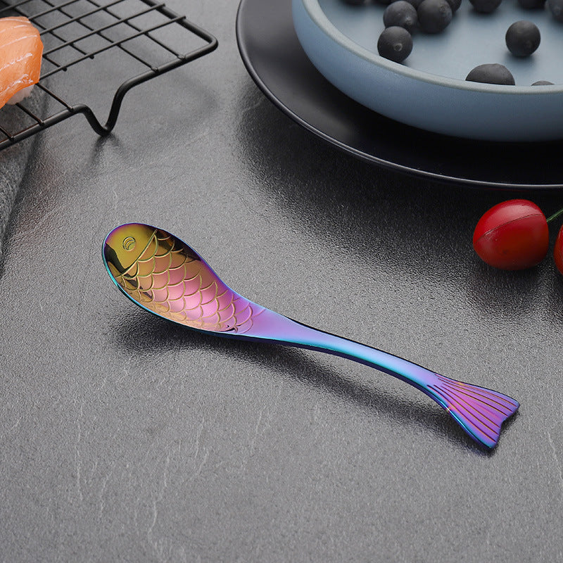 304Stainless Steel Spoon Cooking Restaurant Spoon Pickled Fish Spoon Cartoon Spoon PVD Titanium-plated Colorful Fish Tail Cute Spoon