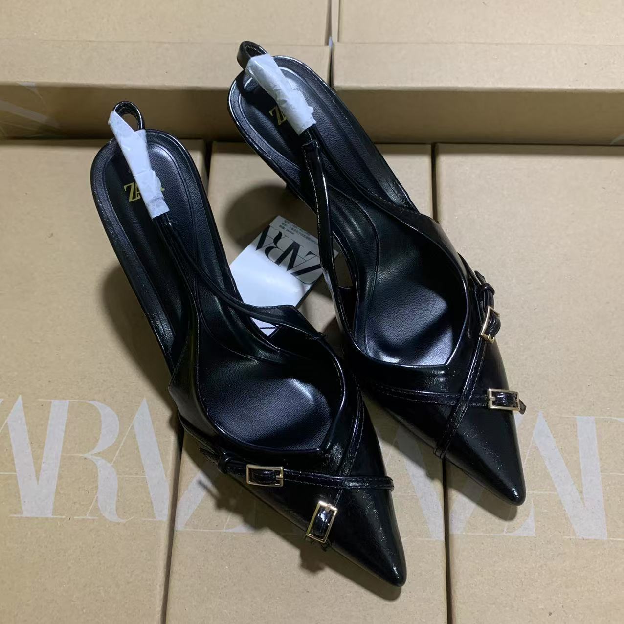 ZA2025New Black French Cross Buckle Fashion High Heels Women Pointed Toe High Heels Outdoor Back Strap Hollow Shoes