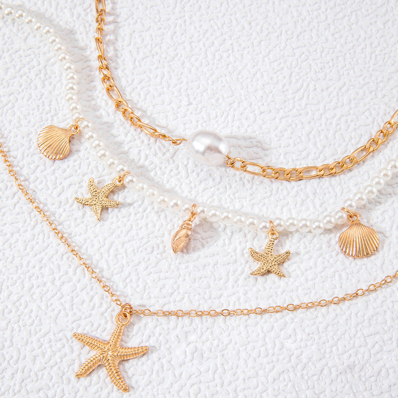 Jewelry Beaded Necklace Beach Imitation Pearl Necklace Starfish Shell Retro Vacation Small Multi-layer Necklace for Women
