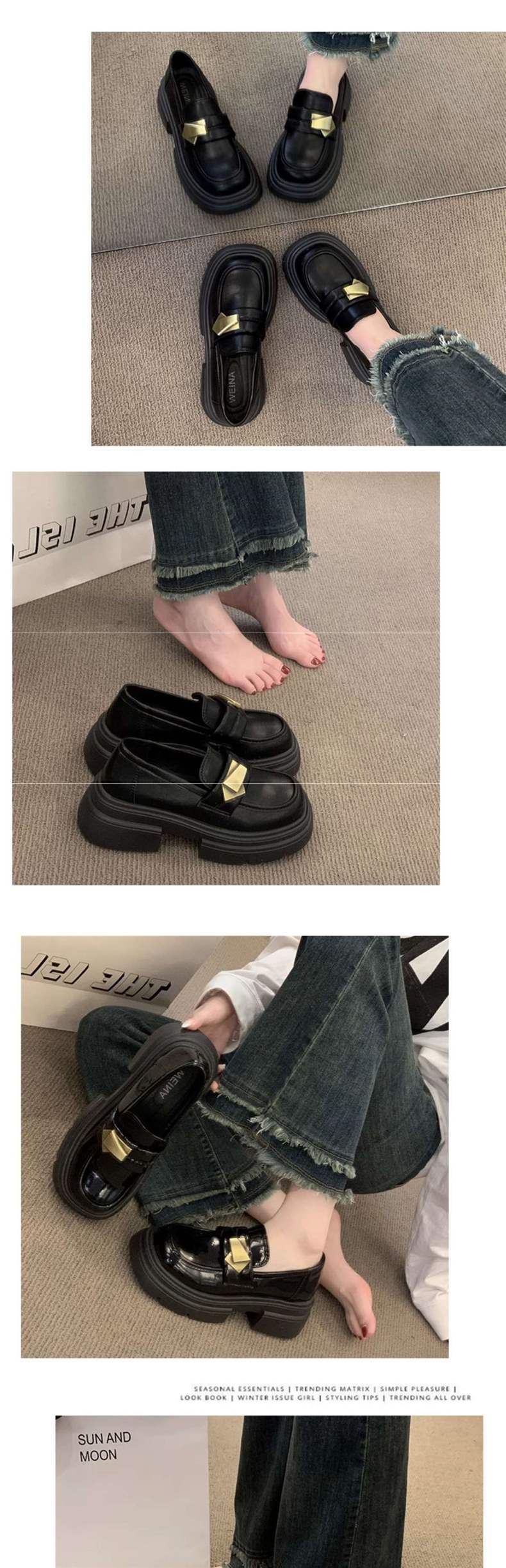 Black Thick Sole Heightening Loafers Women's Shoes2025Spring New Slip-On Shoes British Style Big Toe Small Leather Shoes