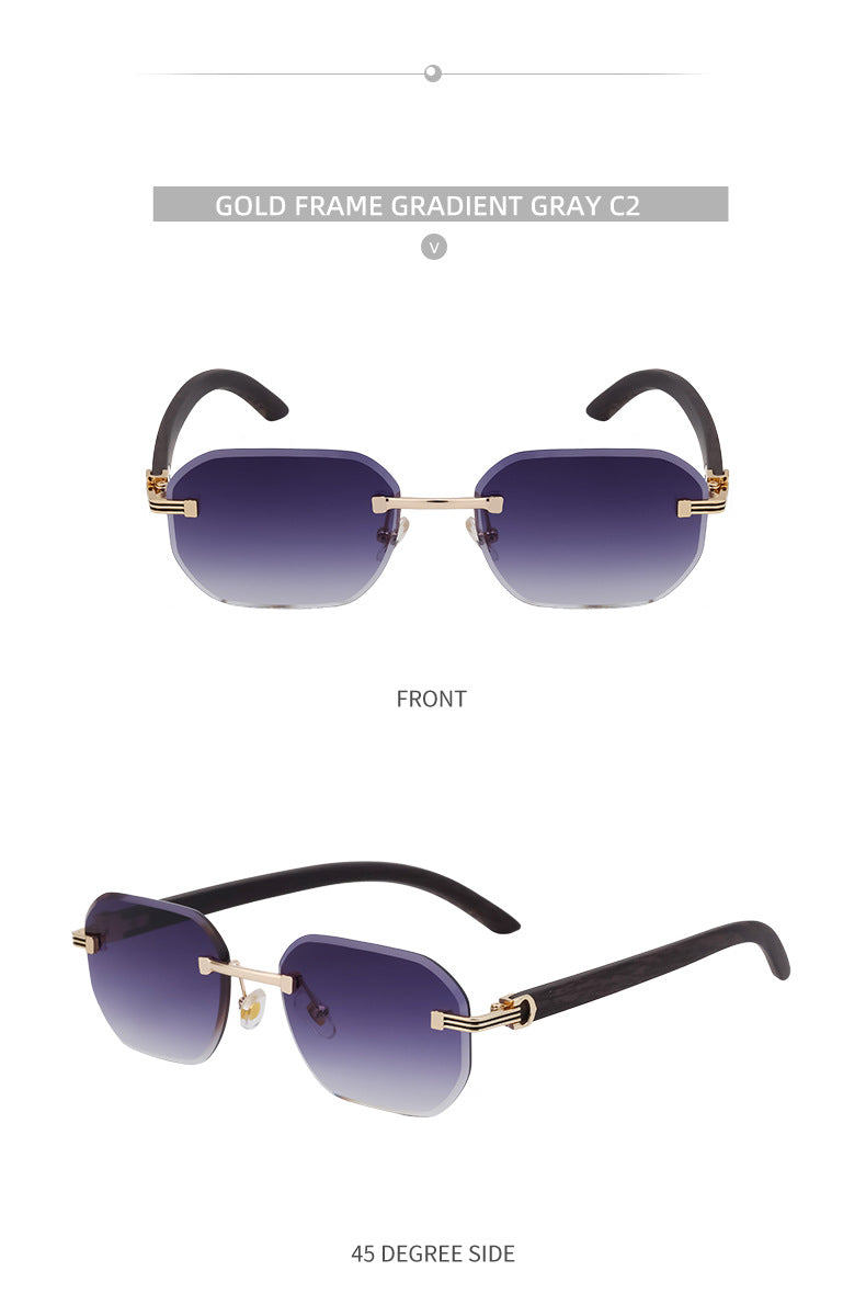 【Customization】Diamond Cut Rimless Glasses for Men, European and American Retro Style, Imitation Wood Grain Temple Sunglasses, Sun Protection Sunglasses