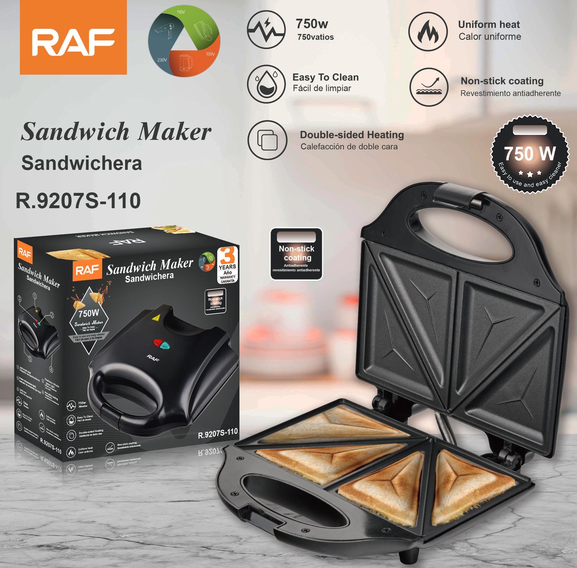 RAF European Standard Sandwich Maker Breakfast Machine Waffle Maker Toaster Multifunctional Light Food Machine Breakfast Machine