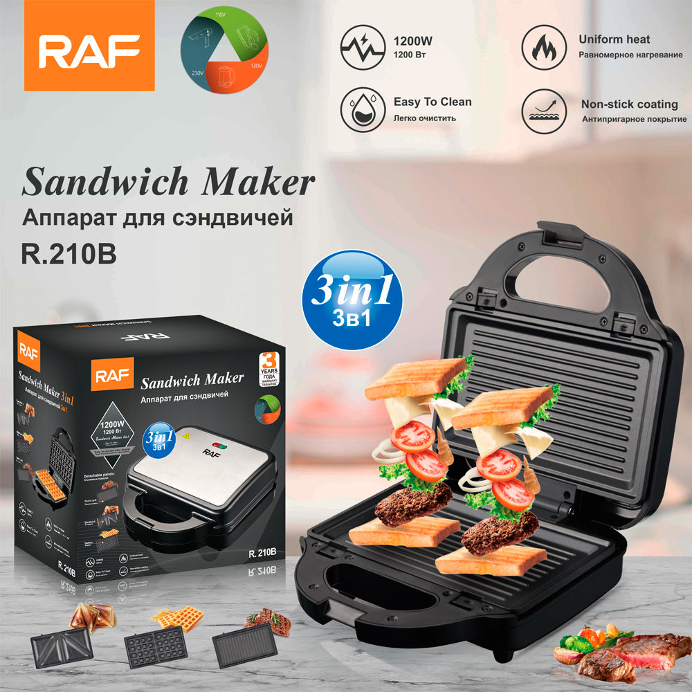 RAF EU Standard 3-in-1 Detachable Sandwich Waffle Panini Grill Steak Maker Breakfast Machine