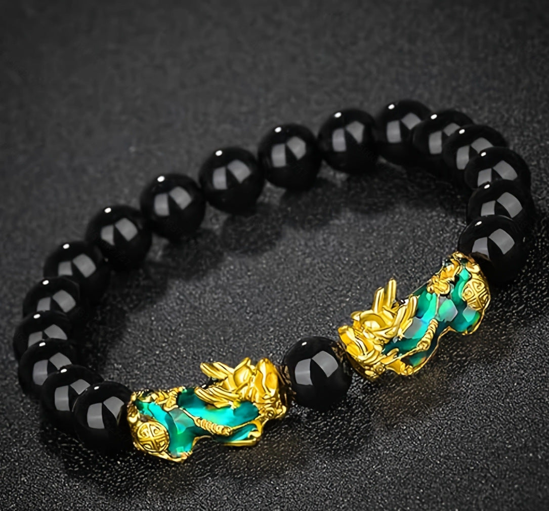Imitation Obsidian silver Pixiu Bracelet for Women, Wealth-Attracting and Blessing Multi-Gem Bracelet with Six-Word Mantra Buddhist Beads Pixiu Bracelet