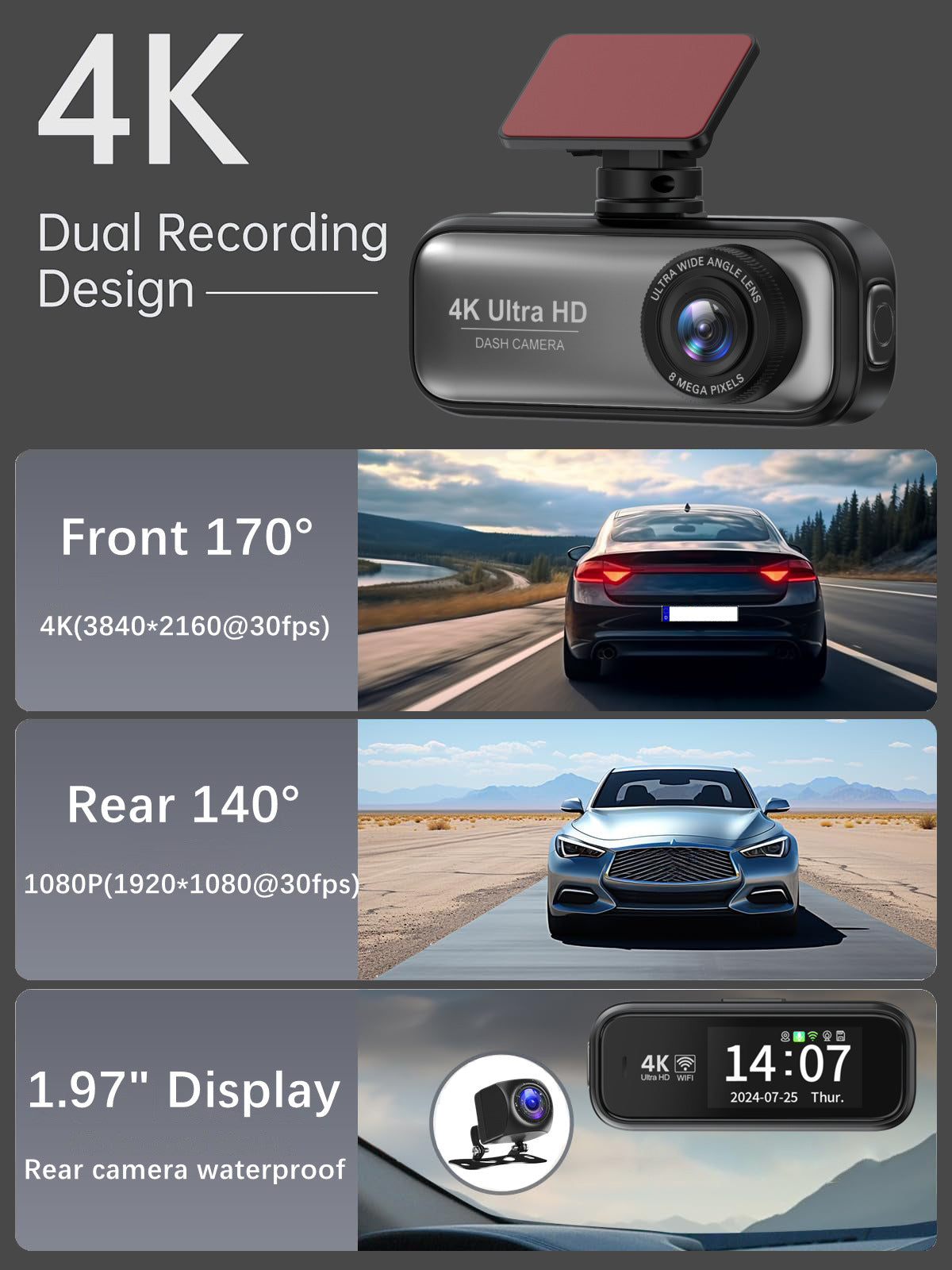 V26C4K Dual-lens Dash Cam HD Ultra Wide Angle Night Vision WiFi Front and Rear Double Recording GPS Car