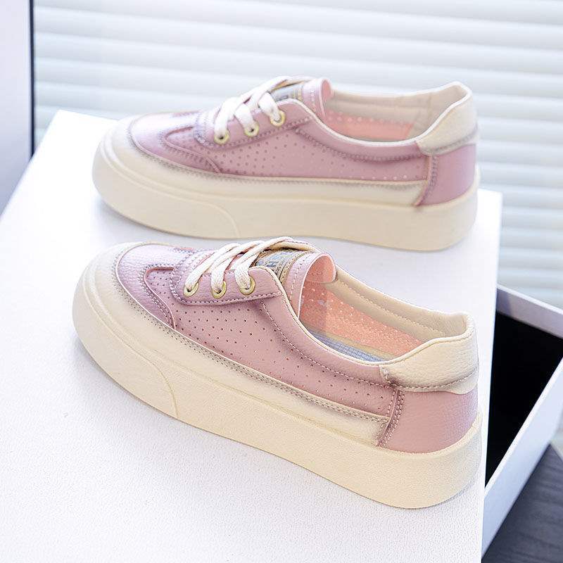 2025Spring and Summer New Hollow Breathable Lightweight White Shoes for Women Versatile Soft Sole Sports Thick Sole Casual Sneakers