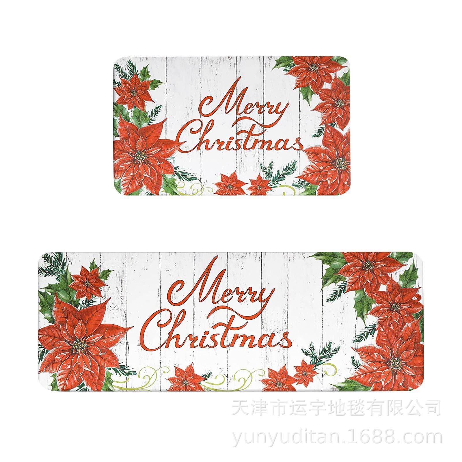 Christmas Kitchen Floor Mat Two-Piece Set Crystal Velvet Water-Absorbent Oil-Absorbent Non-Slip Foot Mat Holiday Decorative Floor Mat