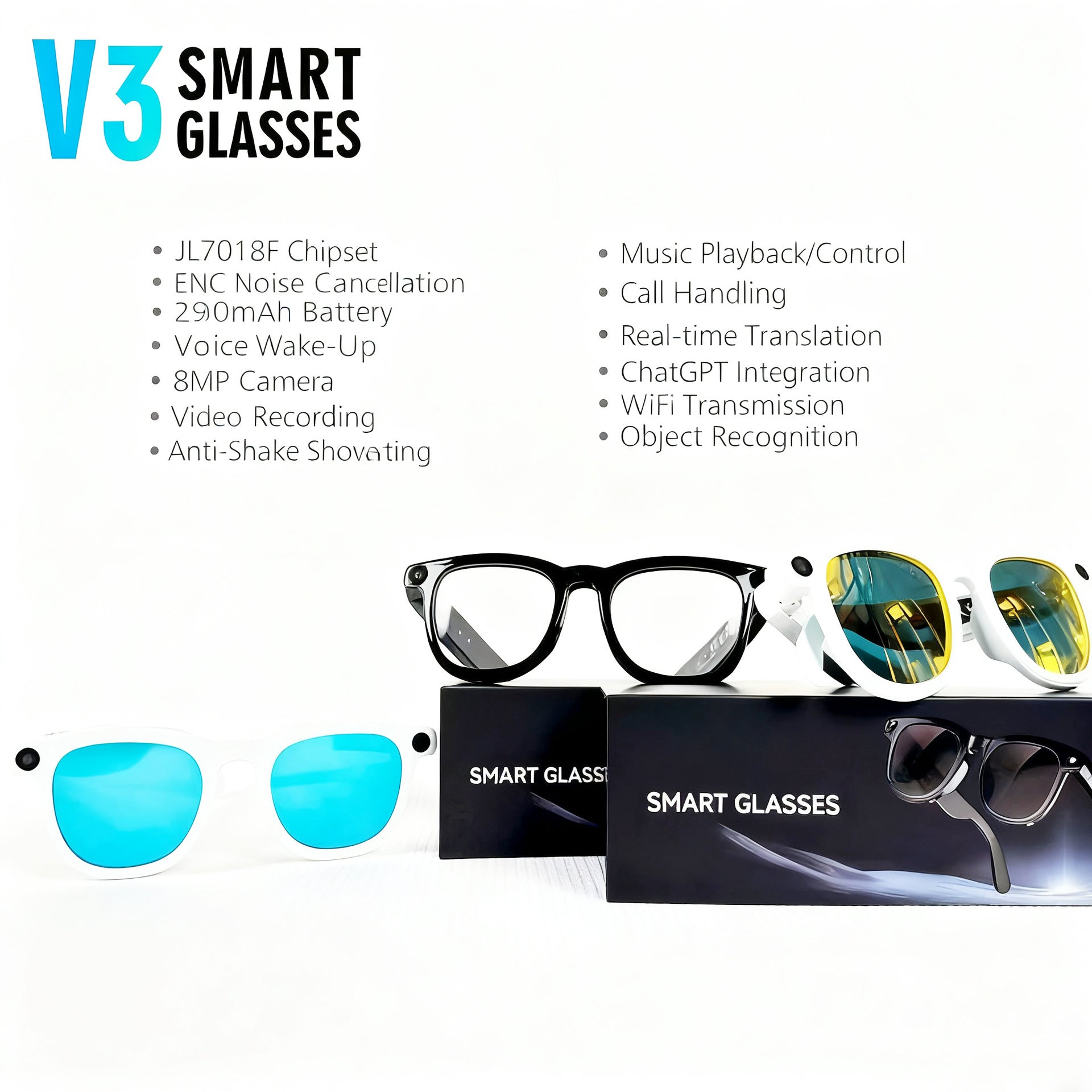 V3Smart Glasses800100 Megapixel Camera AI Translation Character Recognition Anti-Shake1200P Video Recording Audio Recording