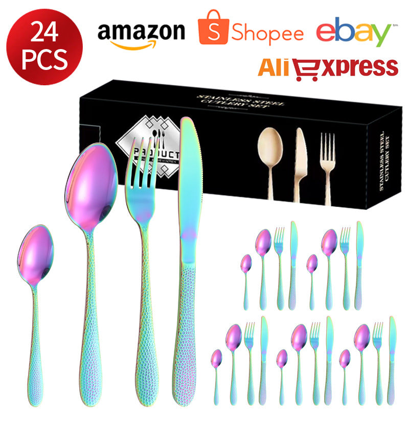 410Stainless Steel Tableware Hotel Restaurant Hammered Knife Fork Spoon24Set of Western Steak Knives and Forks