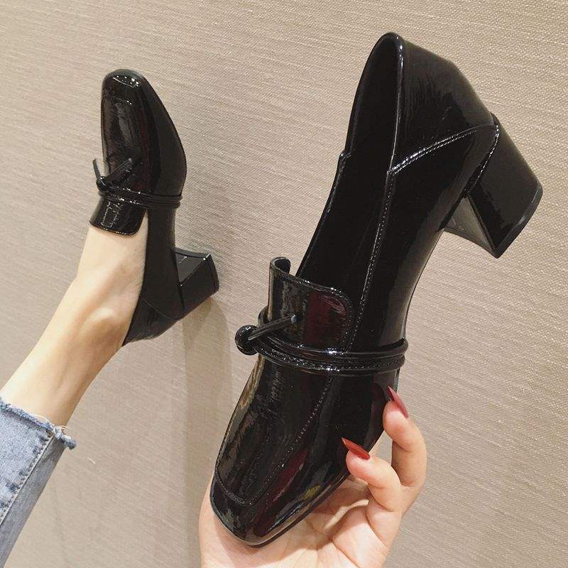 Small Leather Shoes for Women2025Spring New Retro Square Toe Soft Leather Chunky Heel Single Shoes High Heel Women's Shoes British Style Loafers