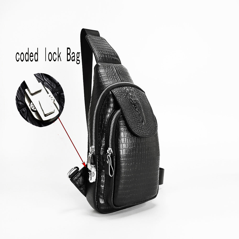 Fingerprint Lock Bag Men's Travel Sports Crossbody Bag Top Layer Cowhide Crocodile Pattern Security Password Lock Genuine Leather Chest Bag