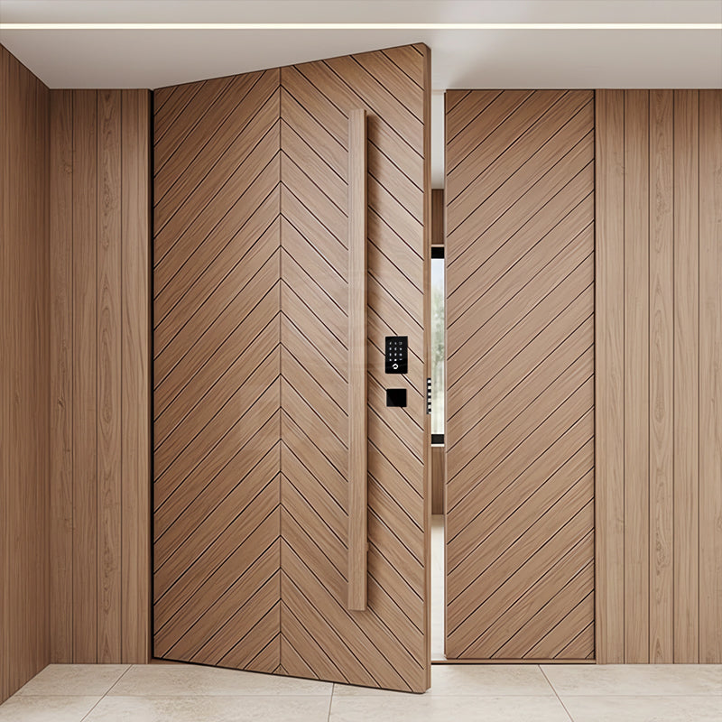 Villa Home Outdoor Timber Door for House Gong groove Line Carving Solid Wood Front Entry Pivot Door with Black Long Handle