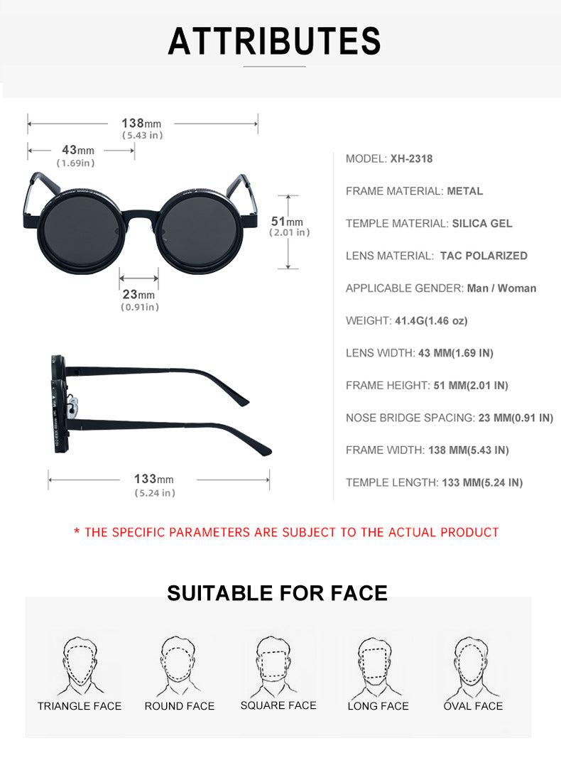 ND Nine-Stage Manual Adjustable Zoom Glasses Anti-Glare Round Frame Sunscreen Sunglasses High-End Polarized Sunglasses for Men