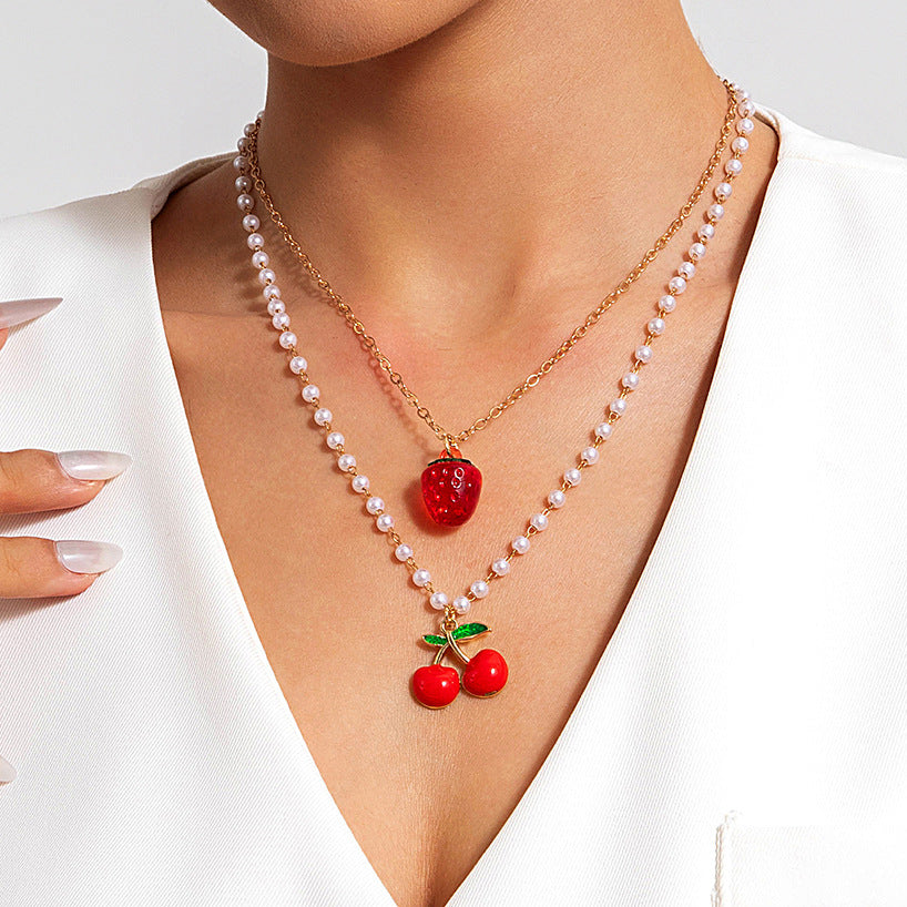 European and American Style Jewelry Light Luxury Imitation Pearl Cherry Necklace High-End Versatile Grass Multi-Layer Stacking Necklace Wholesale