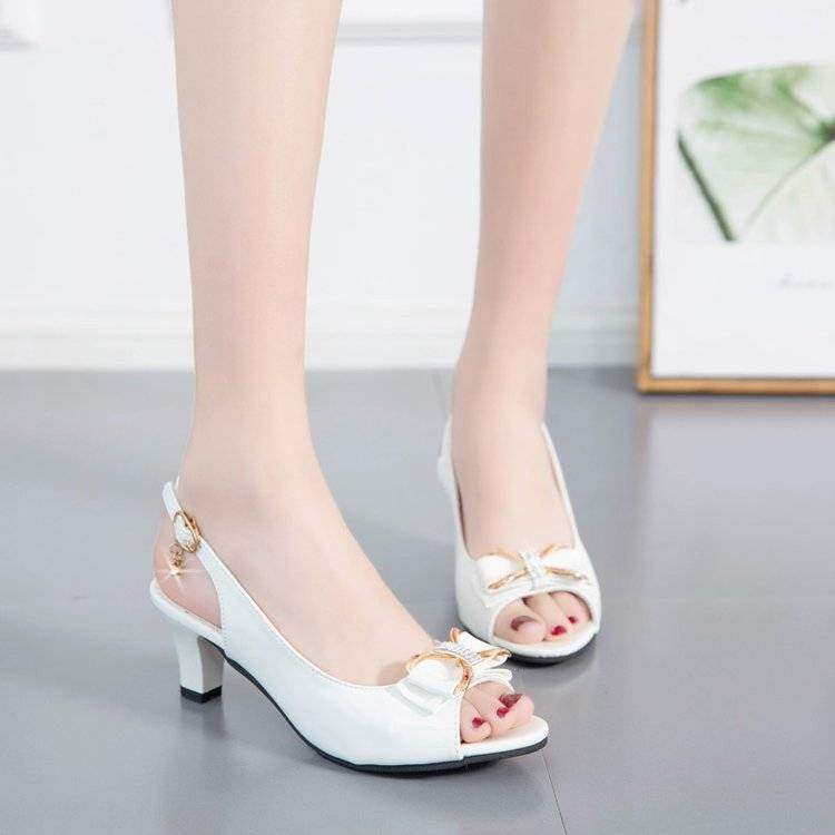 35-44 plus Size Women's Shoes42Fish Mouth Sandals Women Thick Heel Rhinestone Bow Buckle Strap Summer Women Shoes High Heels43