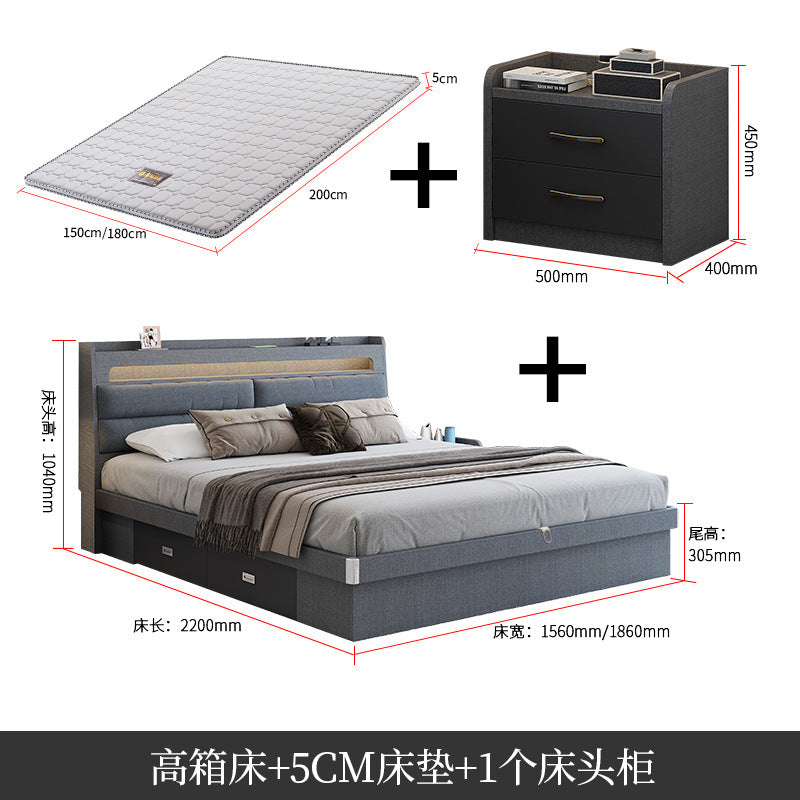 Factory Custom Tech Fabric Bed1.8Gray High Box Storage Bed for Bedroom Double Bed, No Paint Needed, Storage Artifact