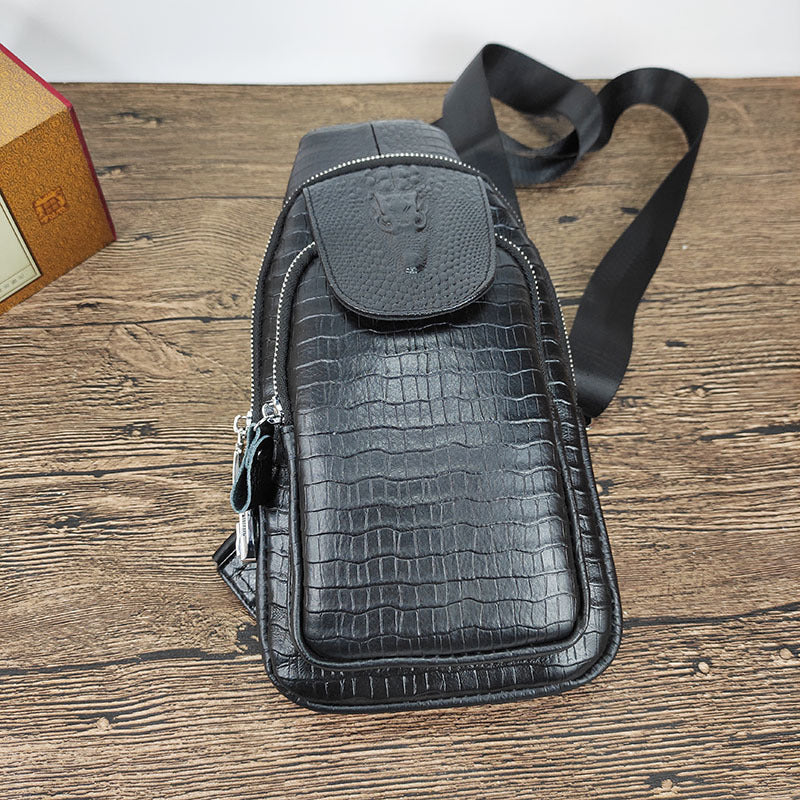 Specialized Password Lock Men's Genuine Leather Chest Bag Crocodile Pattern Top Layer Cowhide Travel Small Shoulder Crossbody Bag Trendy