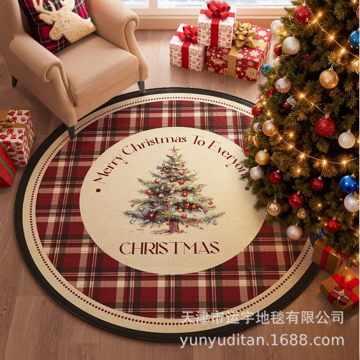 Christmas Carpet Round Living Room Crystal Velvet Floor Mat Christmas Decoration Atmosphere Mat Christmas Tree Floor Mat Customizable
