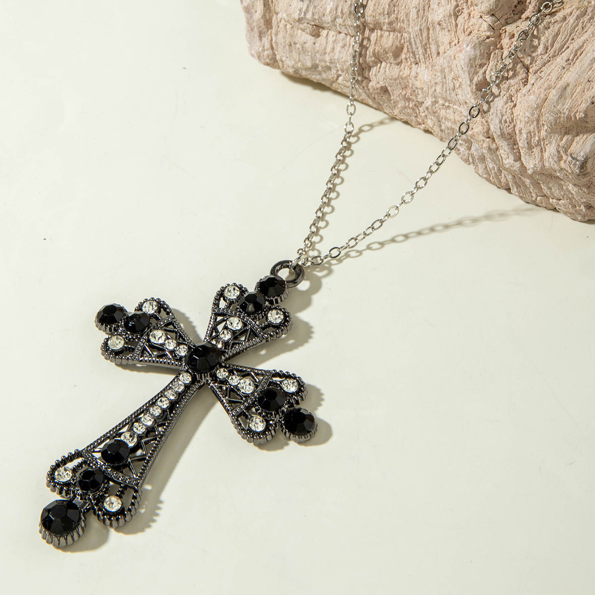 European and American Retro Hollow Diamond Cross Pendant Necklace Gothic Style Black Layered Wear Y Type Necklace