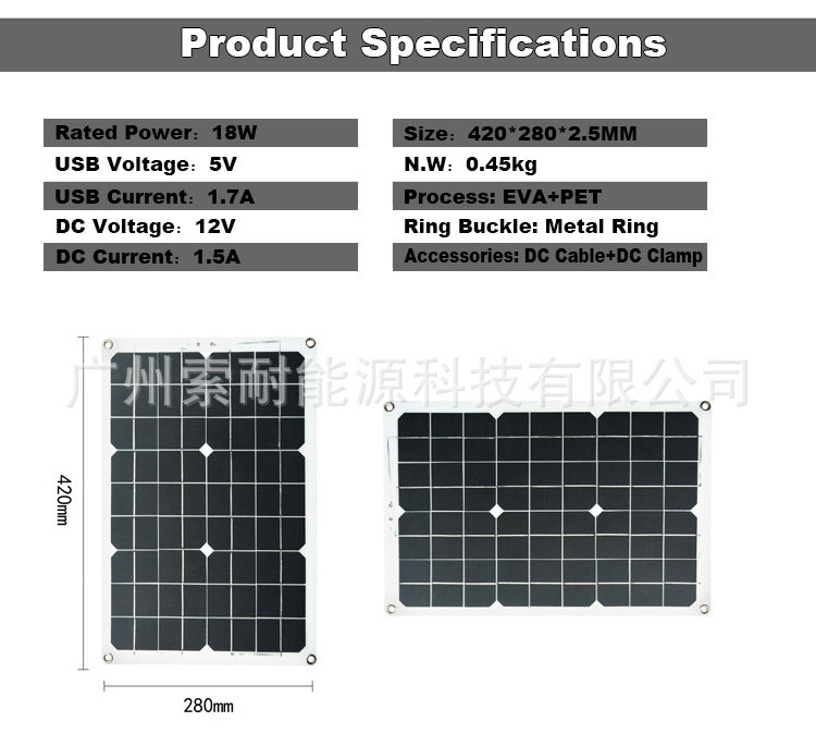 Monocrystalline Solar Charging Panel18W 36W 54W 72W Solar Panel5V Double USB Export Platform